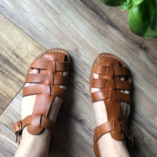 Bruine leren platte sandalen, handgemaakt in Italië | Gianluca - De leerbewerker