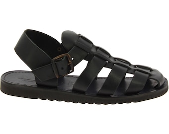Handmade in Italy men's fisherman sandals in black leather | Gianluca - L'artigiano del cuoio