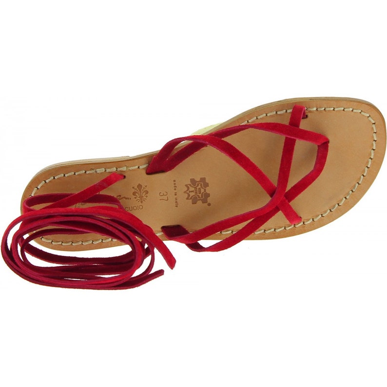 L/'artigiano del cuoio Red nubuck flat strappy sandals for women handmade in Italy Gianluca