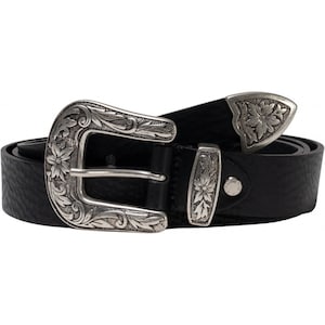 Black leather western belt for women with metal buckle engraved - Artigiani del Cuoio