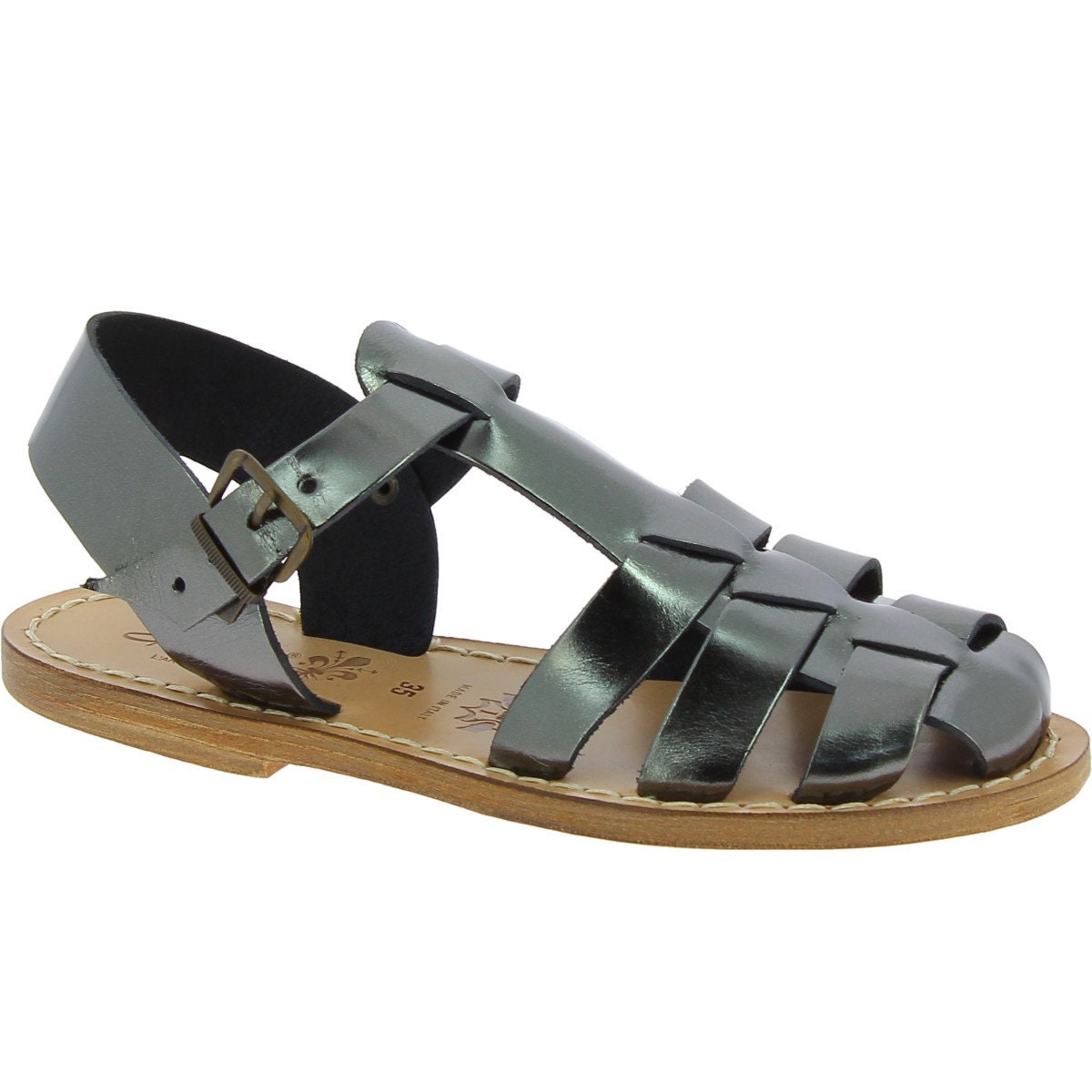 Flat sandals for women in titanium color leather Handmade in Italy | Gianluca - L'artigiano del cuoio