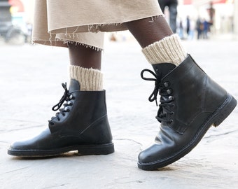 Bottines femme en cuir noir artisanales avec doublure d'hiver | L'artigiano Florence