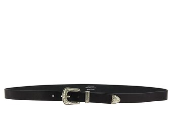 Black Leather Belt With Engraved Metal Buckle and Tip  display picture 1