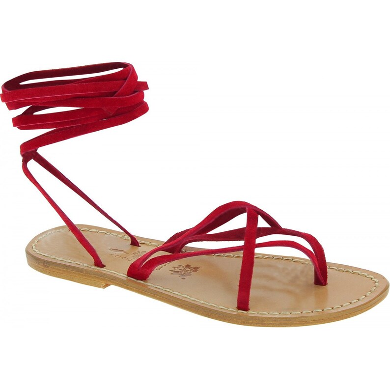 L/'artigiano del cuoio Red nubuck flat strappy sandals for women handmade in Italy Gianluca