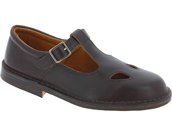 Women's dark brown leather low top t-strap shoes handmade in Italy | L'artigiano Florence