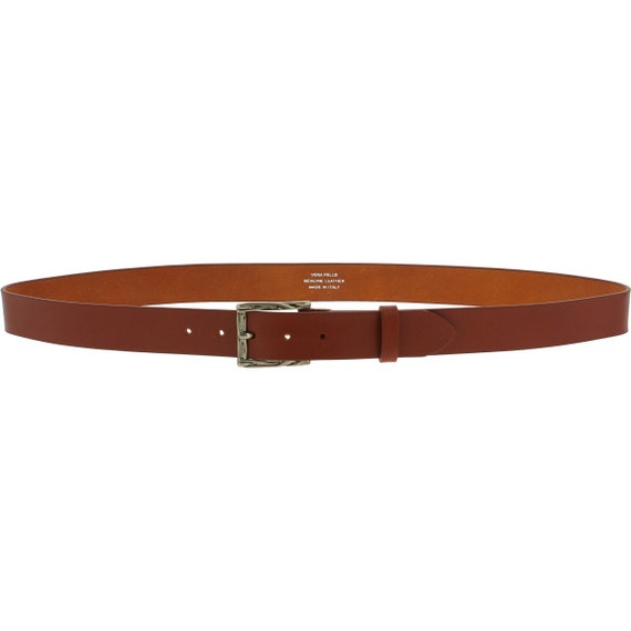 Genuine Brown Leather Belt With Classic Rectangular Metal