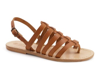 Tan flat sandals in real leather Handmade in Italy | Gianluca - L'artigiano del cuoio