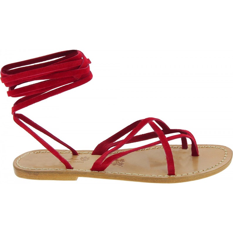L/'artigiano del cuoio Red nubuck flat strappy sandals for women handmade in Italy Gianluca