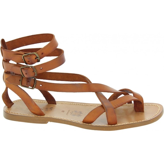 Sandales Gladiateur Femme Style Romain - Multi-Sangles Boucles Bout Ouvert Plates Cuir Été