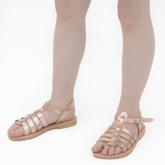 logo Absorbente Reprimir Girl's Gladiator Sandals in Rose Gold Laminated Calf - Etsy Singapore