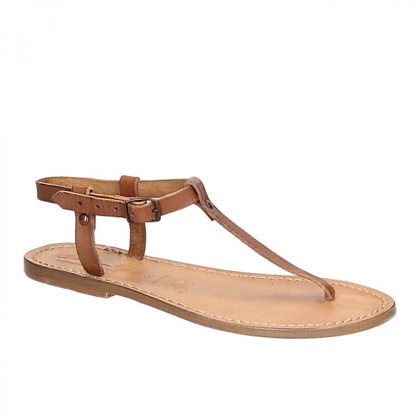 T-strap thong sandals in tan Leather handmade in Italy | Gianluca - L'artigiano del cuoio