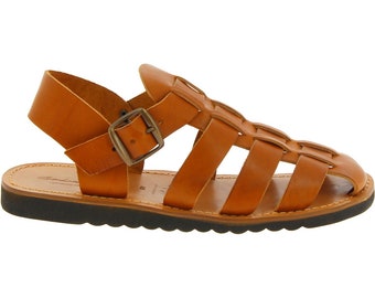 Handmade in Italy men's fisherman sandals in tan leather | Gianluca - L'artigiano del cuoio