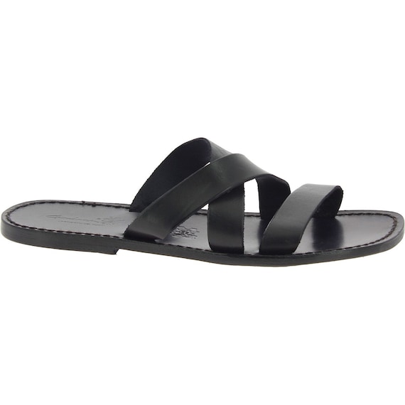 Handmade Genuine Black Leather Men's Slippers Sandals