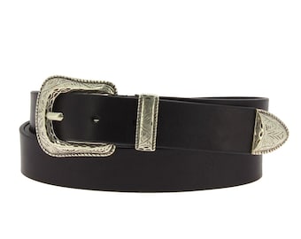 Black leather belt with engraved metal buckle and tip - Artigiani del Cuoio