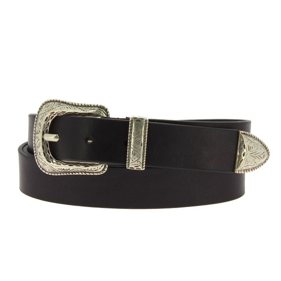 Black Leather Belt With Engraved Metal Buckle and Tip Artigiani