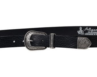 Black leather western belt for women with metal buckle and tip - Artigiani del Cuoio