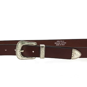 Dark brown leather belt with engraved metal buckle and tip - Artigiani del Cuoio