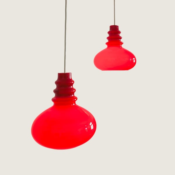 1 of 2 Cherry Red Space Age Glass Drop Pendant Lights, prod. by Peill & Putzler, Germany 1970s