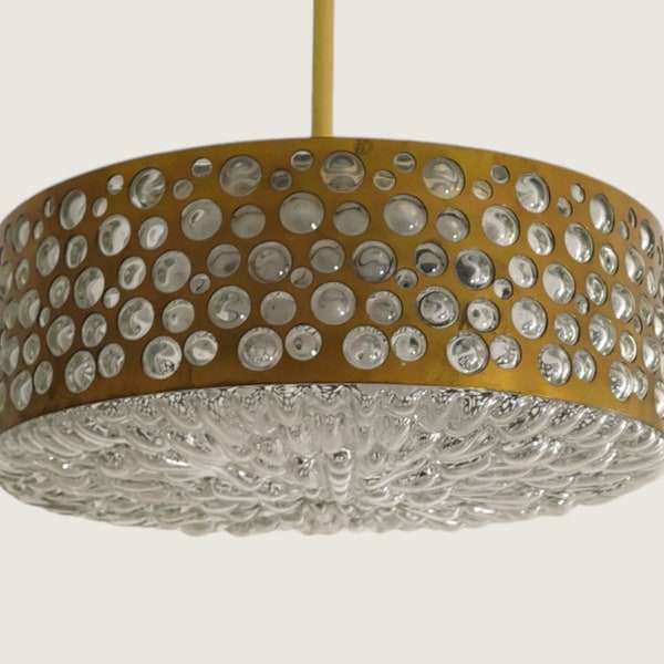 Large Mid-Century Modern Brass And Clear Glass Ceiling Fixture, prod. by Rupert Nikoll, Austria 1950s