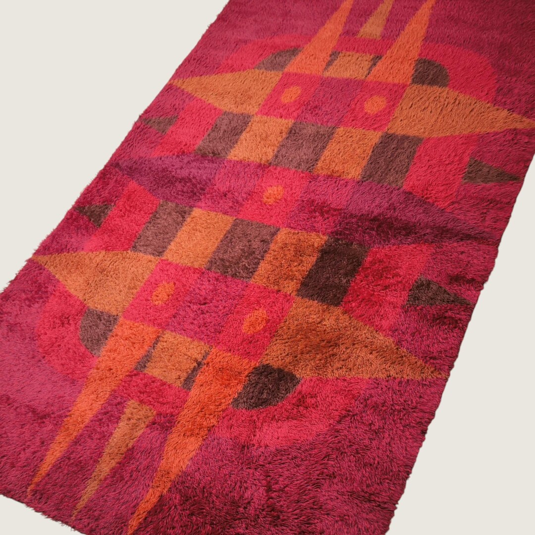 XL Red Mid-century Modern Rya Rug With Geometric Pattern, 300 X 190 Cm ...