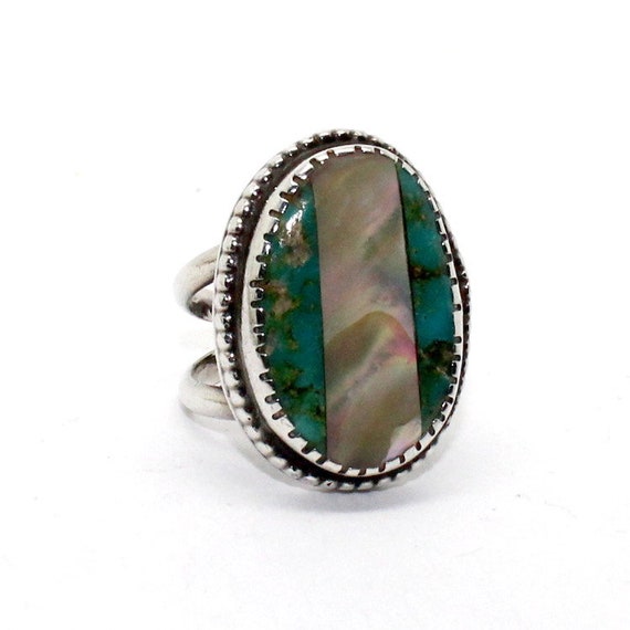 Vintage Navajo Turquoise and Mother of Pearl Silv… - image 2