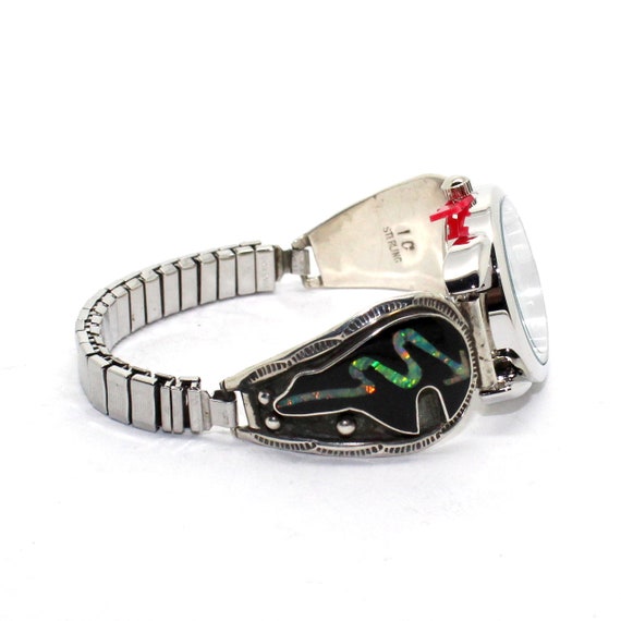 Navajo Watch Lady's Black Jet and Opal Inlay Silv… - image 3