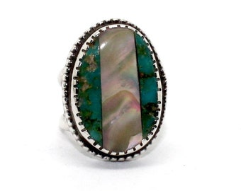 Vintage Navajo Turquoise and Mother of Pearl Silver Ring 7