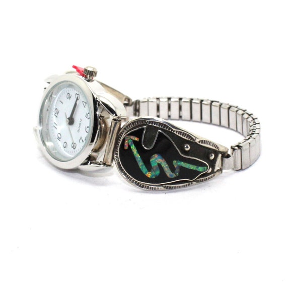 Navajo Watch Lady's Black Jet and Opal Inlay Silv… - image 1