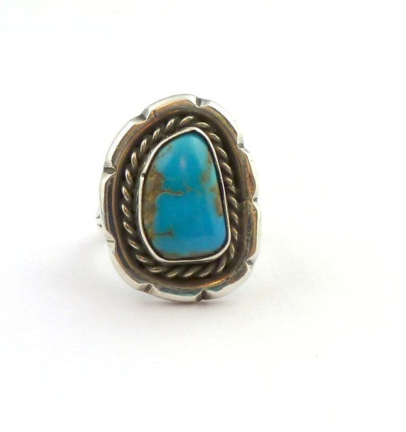 Navajo Turquoise Nugget and Silver Ring 6 1/2 Vin… - image 2