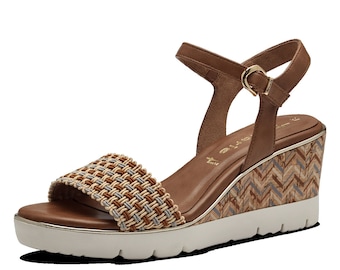 Tamaris Tan Cognac Wedge Sandals With Woven Detail & Back Buckle Strap