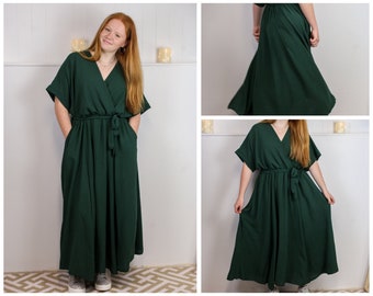 MORE COLOURS Plus Size Wrap Elasticated Waist Maxi Dress With Pockets & Waist Tie