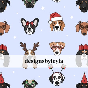 May include: A seamless pattern featuring various dog breeds wearing festive holiday attire, including Santa hats, reindeer antlers, and party hats. The background is a light blue with white stars. The text "designsbyleyla" appears in the centre of the pattern.