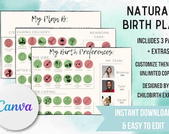 Customizable Digital VISUAL Birth Preferences Template, Created by an RN/ IBCLC/ Childbirth Educator & HypnoBirth Educator, Edit in Canva