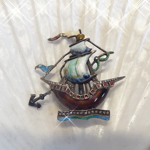 Vintage Silver Enamel and Marcasite Galleon Brooch, Pirates Ship,