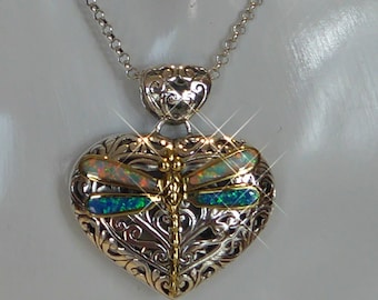 Pretty Art Nouveau Style dragonfly Opal wing Valentine Heart Pendant on Silver Belcher Chain
