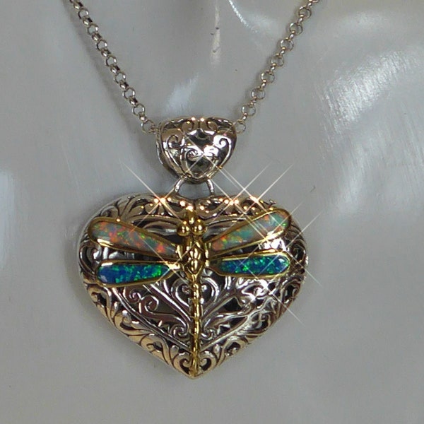 Pretty Art Nouveau Style dragonfly Opal wing Valentine Heart Pendant on Silver Belcher Chain