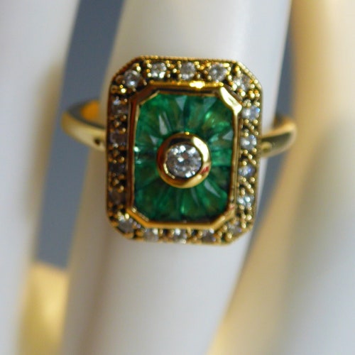 18K Solid Gold Three Emerald and Diamond Art Deco Ring - Etsy