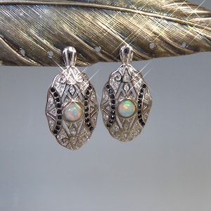 Pretty Silver Art Deco Designed Opal Set Earrings