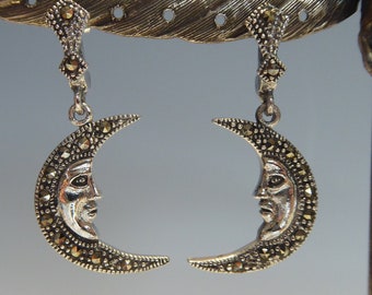 Silver Celestial Half Moon Marcasite Set Drop Earrings