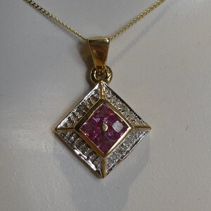 Fine 9ct Solid Gold Pink Sapphire & Diamond Art Deco Style Pendant