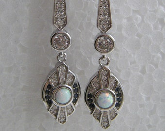Pair Silver Opal long Drop Art deco design Earrings