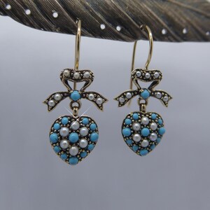 9ct Solid Gold Turquoise & Seed Pearl Set Valentine Heart Shape Bow Topped Earrings