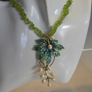 Art Nouveau Style Silver Pearl & Enamel Pendant on Peridot Stone Necklace