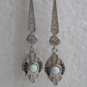 Pair Silver Opal long Drop Art deco design Earrings