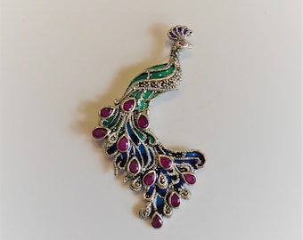 Fine Silver Plique-A-Jour Ruby Set Peacock Brooch/Pendant