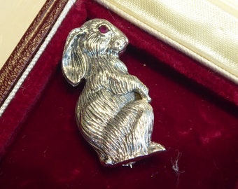 Cute Solid Silver Bunny Rabbit Brooch set with Ruby eye
