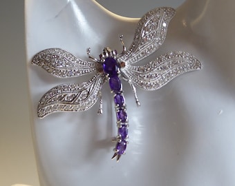 Silver Real Amethyst and ruby eye set Art Nouveau Dragonfly Brooch