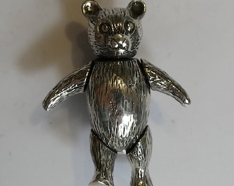 Broche ours en peluche articulée en argent massif