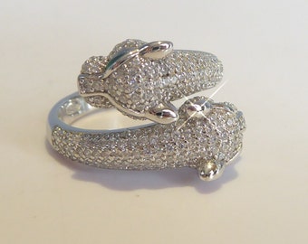 Fine Solid Silver  Art Deco Designed  Double Panther Head Ring
