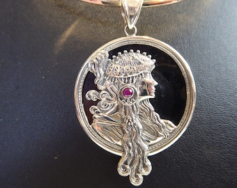 Silver & Onyx Art Nouveau Mucha Lady Ruby set pendant on silver collar.